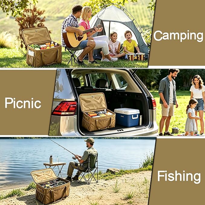 Tactical Camping Storage Bag, Utility Camping Tote Kitchen Organizer Storage Box, Trunk Organizer with Shoulder Strap,Outdoor Garden Tool Bag for Camping, Travel, Picnic (03-khaki)