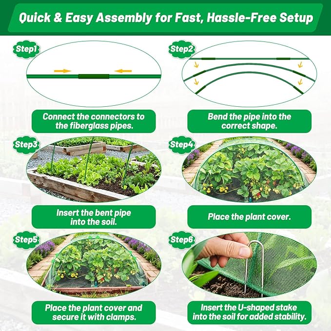 Cludoo Garden Mesh Netting Kit,7 Sets Wide Garden Hoops with 10x30 ft Garden Covers Bird Netting& 12 Clips, Garden Protection for Raised Beds Greenhouse Vegetable Plants Flowers Green