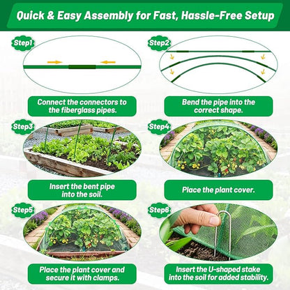 Cludoo Garden Mesh Netting Kit,7 Sets Wide Garden Hoops with 10x30 ft Garden Covers Bird Netting& 12 Clips, Garden Protection for Raised Beds Greenhouse Vegetable Plants Flowers Green