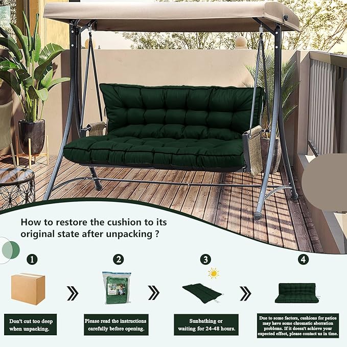 2/3 Seater Swing Replacement Cushion, Waterproof Porch Swing Cushions with Backrest, Thickened Bench Cushions for Outdoor Furniture, for Outdoor Patio Swing (Dark Green, 70.8 * 40in)