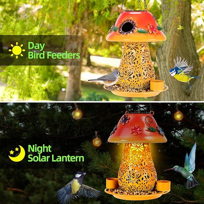 Mushroom Solar Bird Feeders for Outdoors Hanging Metal Wild Bird Feeder with S Hook for Garden Decoration Orange