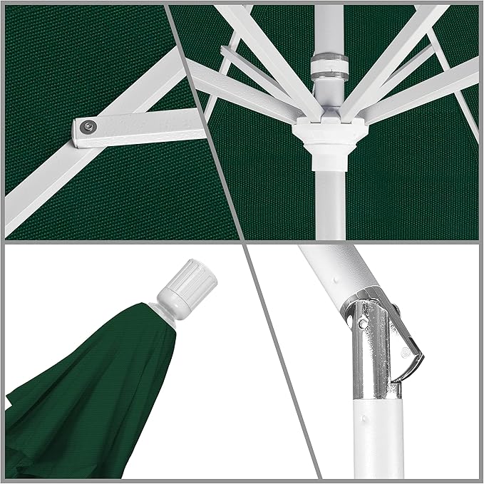 California Umbrella 11Ft Premium Patio Umbrella, Hand-Crank, Tilt-Collar, White Frame, Solution Dyed Hunter Green Fabric