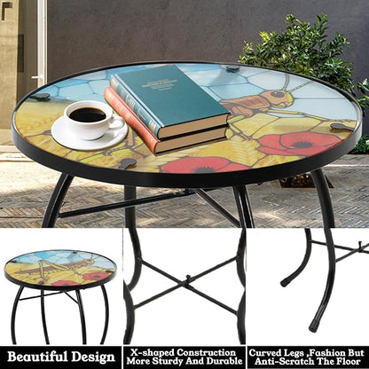 Small Side Table with Metal Frame, 10.5" Round Side Tables with Grasshopper Pattern,Outdoor Table for Balcony,Terrace,Garden,Living Room
