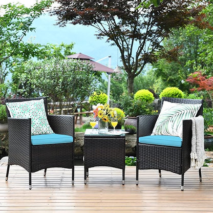 COSTWAY 3 PCS Patio Furniture Set, Outdoor Wicker Conversation Set with Tempered Glass Coffee Table, Seat Cushions, Rattan Wicker Chairs for Poolside Balcony Porch Backyard, Blue
