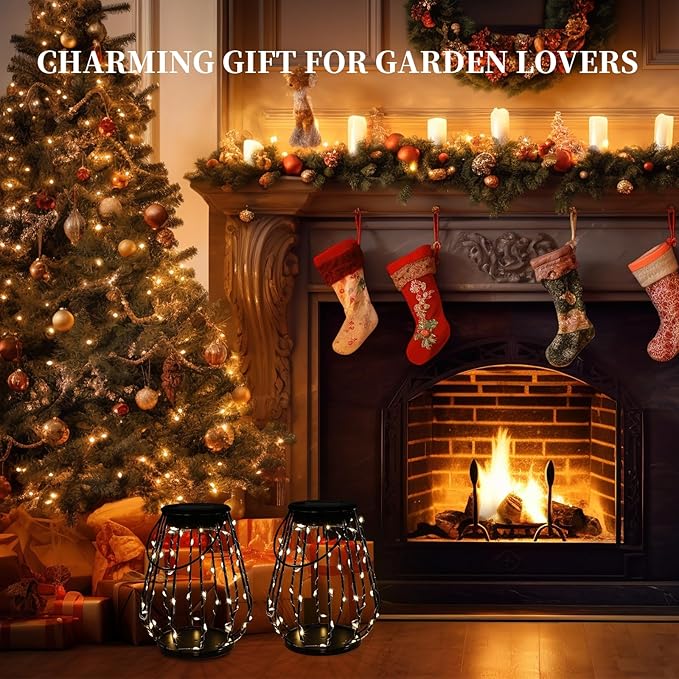 Solar Lanterns Outdoor Hanging, 2 Pack Metal Cage Lanterns with Warm White LED String Lights, Waterproof Solar Powered Decorative Lights for Patio, Garden, Porch, Balcony & Holiday Gifts