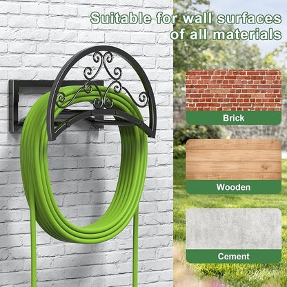 OLV Garden Hose Holder, Heavy Duty Water Hose Holder Wall Mount Holds 125-ft Water Pipe, Decorative Detachable Metal Hose Hanger Storage Organizer Reel Rack for Outside Lawn Yard Farm, Black