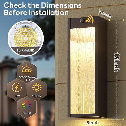 Dusk to Dawn LED Outdoor Wall Light 2 Pack, Bronze 15in Exterior Waterproof Porch Sconces, Large Modern Water Rippleed Outdoor Lighting Wall Mounted Outside Lantern for Garage Front Door