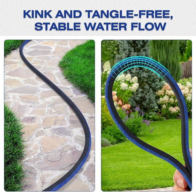 Ultra Lightweight 100FT Garden Hose - Heavy-Duty Kink-Free Flexible Hose, Non-Expanding Design with Aluminum Brass Fittings, Crush-Proof for Yard/Lawn/Outdoor Use(black-blue, 100 FT)