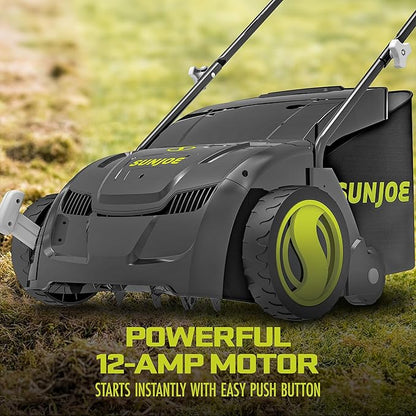 Sun Joe Corded Electric Dethatcher & Scarifier with 8-Gal Bag, 12.6-Inch Cutting Width, 12-Amp Motor - Heavy-Duty Yard Trimmer for Gardening Care and Lawn Maintenance, AJ801E