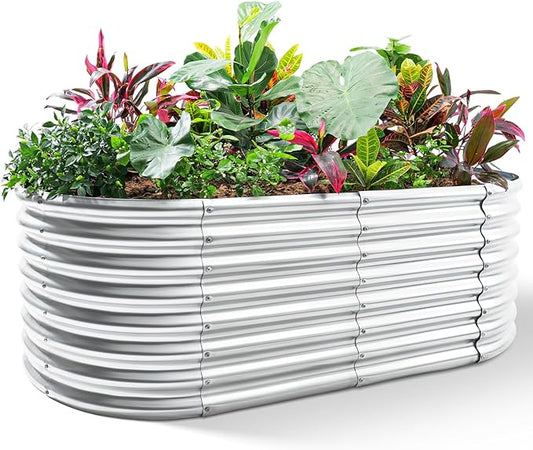 Land Guard 24“ Tall Galvanized Raised Garden Bed Kit, Galvanized Planter Garden Boxes Outdoor, Oval Large Metal Raised Garden Bed for Vegetables (Classic Silver, 4×2×2ft)