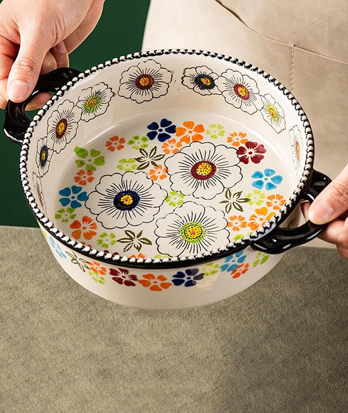 Baking Dishes For Oven, 1 Quart Round Casserole Dishes For Oven-colored flowers B-round 950ml