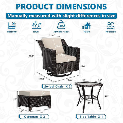 Vista Vibe 5 Pieces Outdoor Rattan Patio Conversation Furniture Set - 360 Degree Swivel Glider Rocker Chairs | Coffee Table | 2 Wicker Ottomans, Premium & Washable Cushions, Terrace (Brown/Beige)