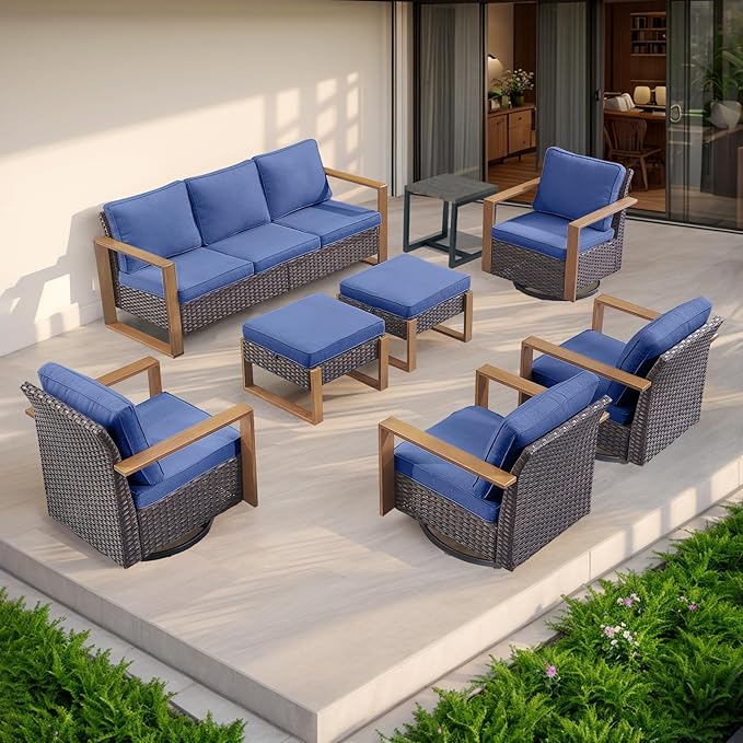 Rilyson Outdoor Couch Wicker Patio Sofa, Rattan Patio Furniture Sofa with Sturdy Frame,All-Weather PE Wicker,Wide Armrest,Deep Seating and Thick Cushions for Deck Porch Garden(Brown/Blue)