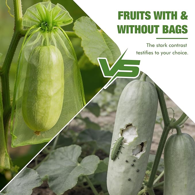 50 Pcs Drawstring Fruit Protection Bags, 8×12 Inch Green Mesh Fruit Net Covers, Anti-Bird Anti-Insect Garden Protective Bags for Fruit Tree, Tomato, Strawberry, Apple, Cherry, Grapes and Vegetables