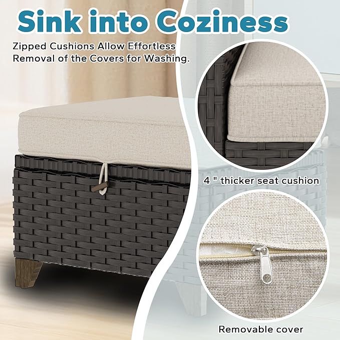 2 Pieces Patio Outdoor Ottomans with Removable and Washable Covers，PE Rattan Wicker Footstools for Porch, Garden, Sunroom (Beige)