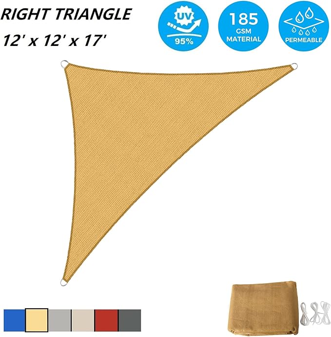AsterOutdoor Sun Shade Sail Triangle 12' x 12' x 17' UV Block Canopy for Patio Backyard Lawn Garden Outdoor Activities, Sand