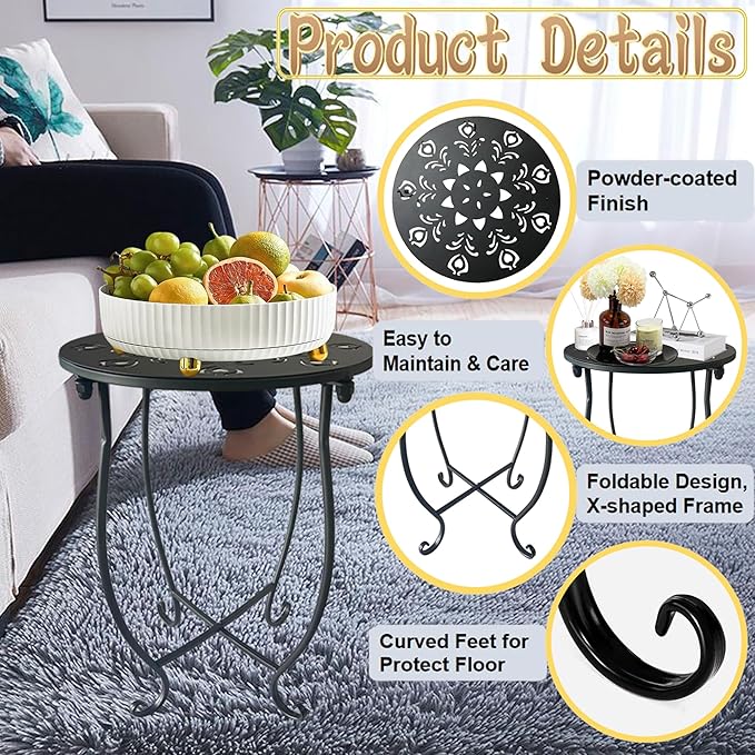 Outdoor Side Table, 14-inch Small Round Metal Patio Table with Flower Cut-Out Design, Set of 2 Modern Rust-Proof Portable End Table Patio Side Table for Outside Garden Balcony Yard & Indoor Use