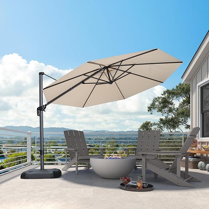 PURPLE LEAF 11 Feet Patio Umbrella Outdoor Cantilever Round Umbrella Aluminum Offset Umbrella with 360-degree Rotation for Garden Deck Pool Patio, Beige
