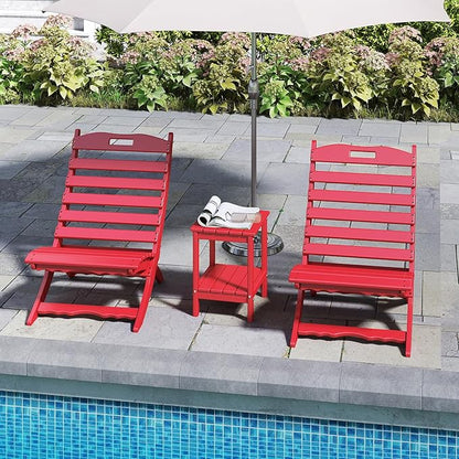 GREENVINES 3 Pieces Patio Furniture Set | Outdoor Bistro Sets for 2 | HDPE Plastic | Folding-Adirondack-Chairs-with-Side-Table | All Weather | Xavier Chair | for Porch Deck Poolside Backyard | Red