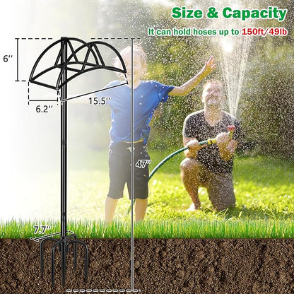 Gtongoko Garden Hose Holder for Outside 47" Heavy Duty Freestanding Water Hose Holder with 5 Stable Spikes Metal Hose Stand Holds Up to 150FT Hose & 49LB Detachable Hose Storage for Yard Lawn Patio