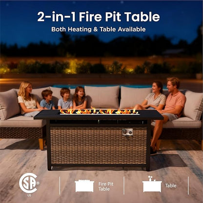 PHI VILLA 6-Piece Wicker Patio Furniture Set with Fire Pit Table, Outdoor Half-Moon Curved Sectional Sofa with Cushions, 56” Gas Fire Pit Table and Ottomans, Beige