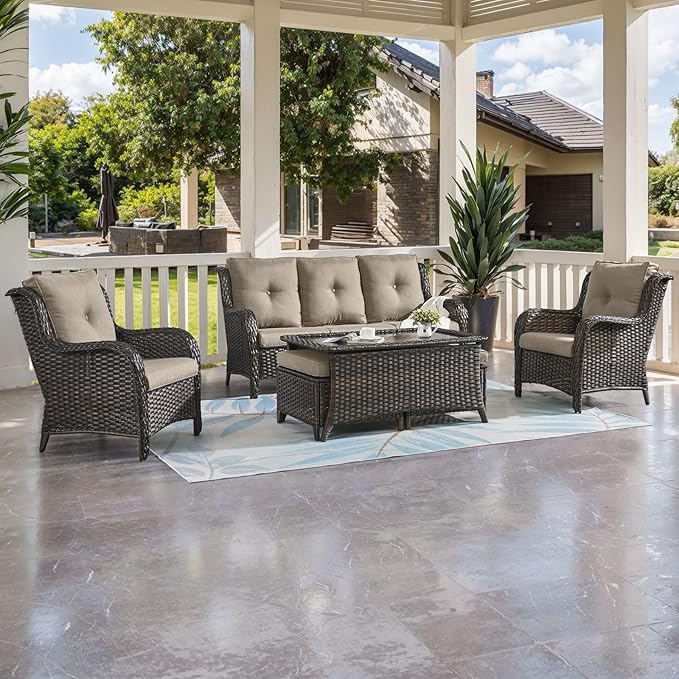 HUMMUH Outdoor Furniture 6 Pieces Patio Furniture Set Wicker Outdoor Sectional Sofa with 2 Patio Chairs,Ottomans,Coffee Table…