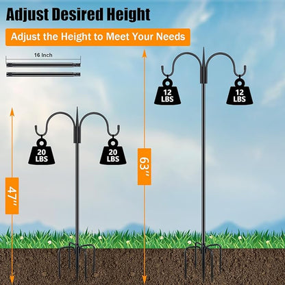 FEED GARDEN Heavy Duty Shepherds Hook 63" Double Hooks Adjustable (47/63") - Alloy Steel 5-Prong Base, 12lb Capacity - Easy Assembly Bird Feeder Pole for Hanging Planters, Lanterns, Wind Chimes