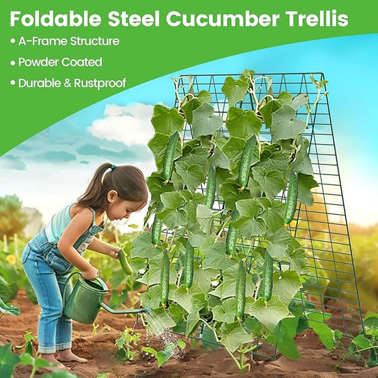 Foldable Cucumber Trellis - 2 Pack, 48" L x 34" W A-Frame Trellis, Climbing Plants Support Raised Bed Trellis with Twist Ties & Plant Bags for Outdoor Yards Gardens