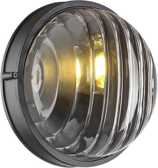 FEMILA 10" Round Bulkhead Outdoor Wall Light, Nautical Outdoor Lighting, Black Outdoor Light Fixture for Front Door/Porch/Patio, Aluminum Glass,UL Listed, 4FYX105FL BK SW