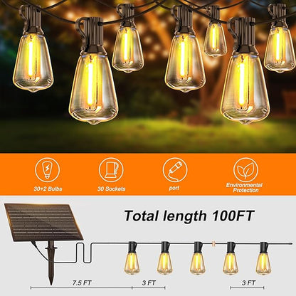 BLIATLUS 100FT Super Bright Solar String Lights Outdoor Waterproof with Remote Control 30+2 Shatterproof LED ST38 Bulbs for Porch Garden Market Bistro Patio Backyard Fence
