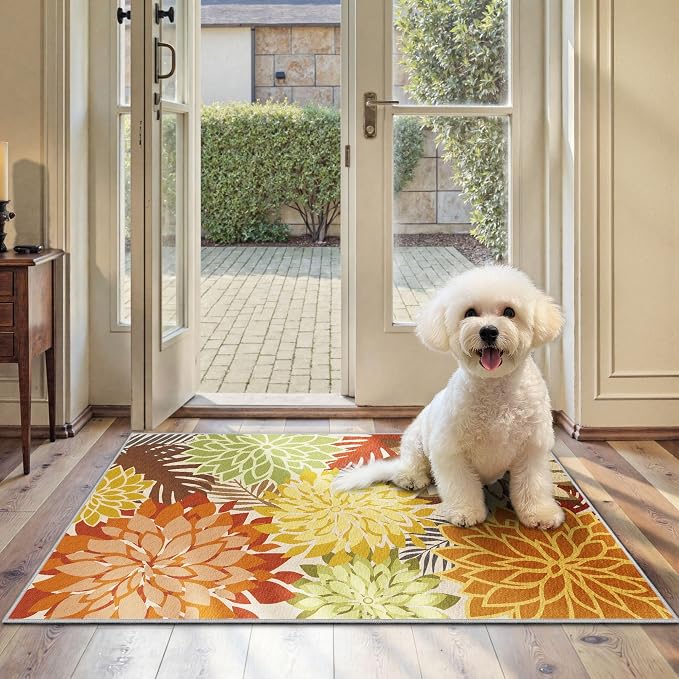 Arenarug 2x3 Colorful Washable Small Rug Tropical Botanical Modern Floral Indoor Chenille Door Mat Carpet Non Slip for Patio, Entry Way, Entrance, Porch, Orange