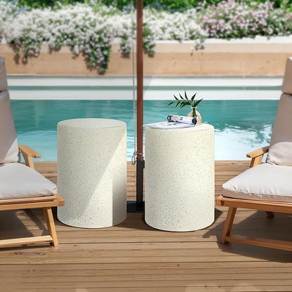 LuxenHome Cream with Speckled Gray Cement Round Indoor Outdoor Side and End Table (Set of 2)