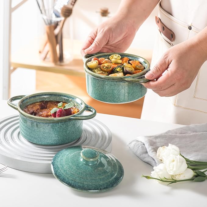 12 oz Mini Cocotte Set of 4, Ceramic Casserole Dishes with Lids & Handles | Reactive Glaze, Individual Baking & Serving, Ideal for Pot Pies, French Onion Soup, Casseroles & Baked Pasta, Oven Safe