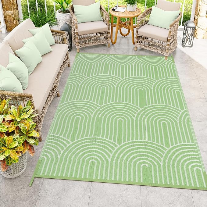 Anidaroel Patio Rugs Outdoor 6’x9’ Clearance Waterproof, Reversible Rainbow Outdoor Plastic Straw Outside Rugs, RV Outdoor Rugs for Camping, Porch, Balcony, Backyard (Green, 6‘X9')