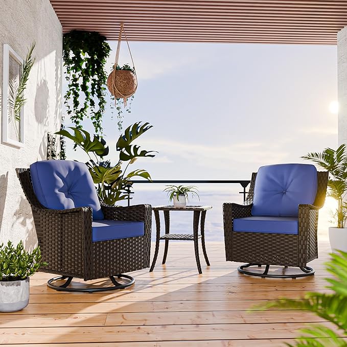 COOS BAY Stone Harbor Patio Bistro Set, 3 Piece Rattan Patio Table and Chairs Set, Wicker Swivel Rockers with Side Table, Small Balcony Furniture Set, Brown/Blue
