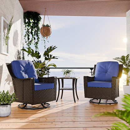 COOS BAY Stone Harbor Patio Bistro Set, 3 Piece Rattan Patio Table and Chairs Set, Wicker Swivel Rockers with Side Table, Small Balcony Furniture Set, Brown/Blue