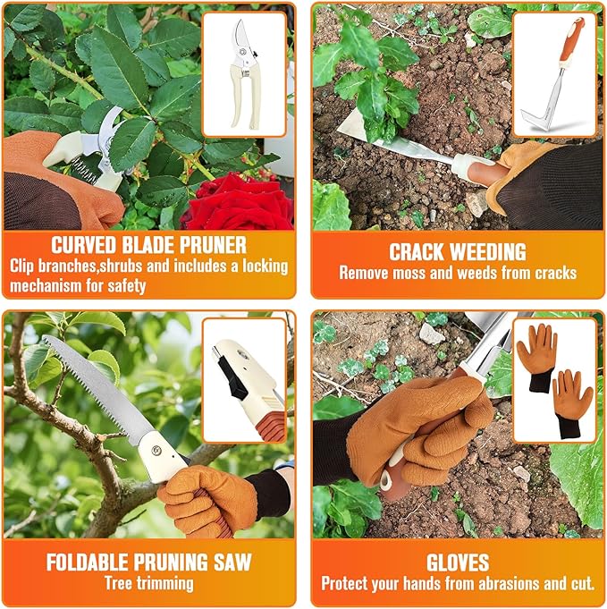 Garden Tool Set - 10 PCS Heavy Duty Stainless Steel Gardening Tools Set with Storage Bag, Gardening Kit Ideal Gardening Gifts for Women & Men, Indoor/Outdoor Use for Digging, Planting, Pruning
