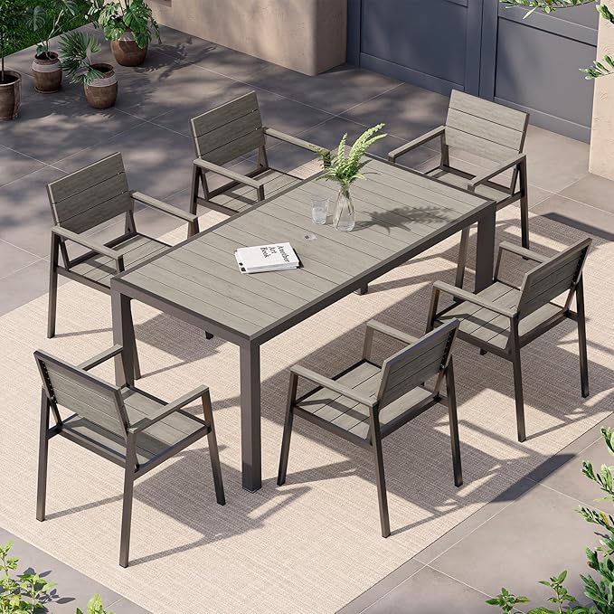 Outdoor Dining Set for 6, Patio Table and Chairs Set, Aluminum Patio Furniture Set with Umbrella Hole, HDPS Patio Dining Table Set for 6 (Gray)
