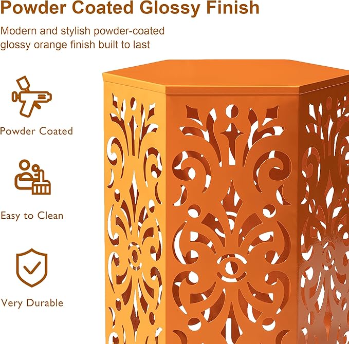 Glitzhome Outdoor Side Tables Set of 2 Decorative Garden Stools,Heavy Duty Metal Cutout Floral Pattern Hexagonal Modern End Table Plant Stand Accent Table, Orange