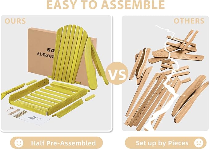 Outdoor Wooden Folding Adirondack Chair with Pre-Assembled BackRest & SeatBoard, Accent Furniture for Patio Backyard Garden Porch Deck Pool Firepit