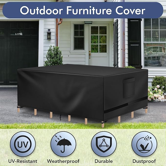 Richwon Patio Furniture Covers, Outdoor Table Covers, Waterproof Rectangle, Heavy Duty, 128"L x 84"W x 28"H, Black