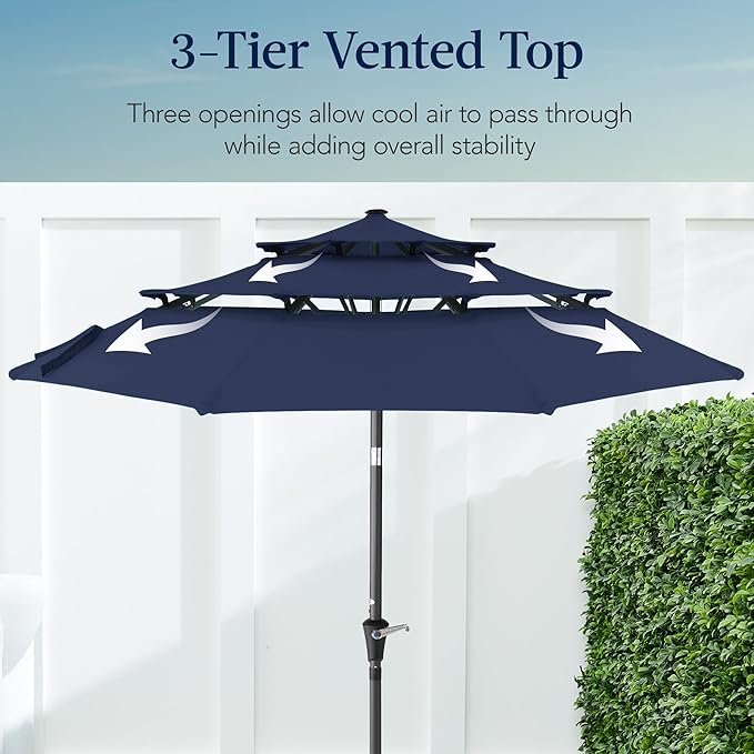 Best Choice Products 10ft 3-Tier Market Patio Umbrella, Outdoor Sun Shade with Tilt, Crank Lift, 8 Ribs for Backyard, Deck, Poolside – Navy Blue