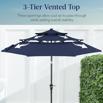 Best Choice Products 10ft 3-Tier Market Patio Umbrella, Outdoor Sun Shade with Tilt, Crank Lift, 8 Ribs for Backyard, Deck, Poolside – Navy Blue