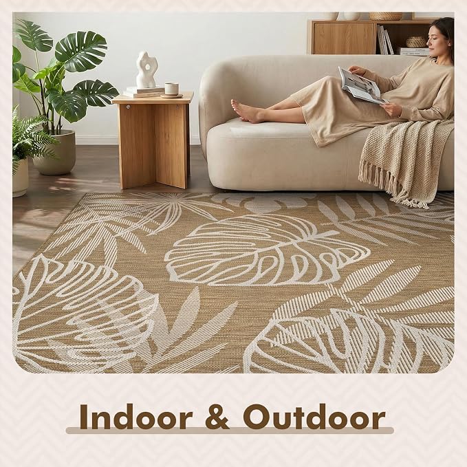 MontVoo-Outdoor Rug-Patio Rug 8x10 ft Polypropylene Indoor Outdoor Rugs Outdoor Carpet for Patio Deck Balcony Porch, Textured Weave, Durable for High Traffic, Fade-Resistant, Tropical Neutral Brown
