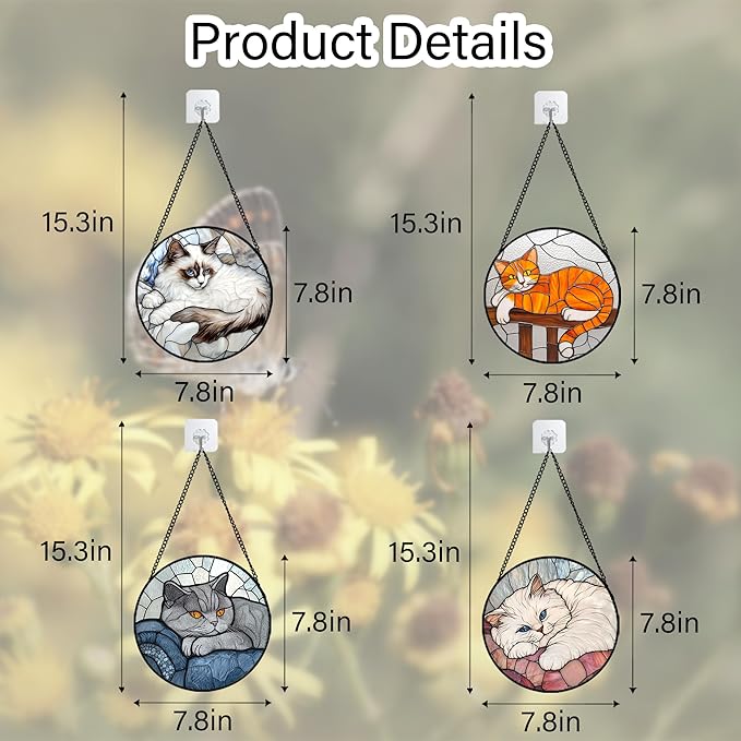 Stained Glass Window Hanging 4 Pcs Set Cute Cat 7.8" - Suncatcher Door Garden Sun Catcher Decor Birthday Mother's Day Christmas Comfort Gifts for Lost Pet Woman Nana Mom Men Friend