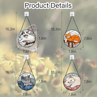 Stained Glass Window Hanging 4 Pcs Set Cute Cat 7.8" - Suncatcher Door Garden Sun Catcher Decor Birthday Mother's Day Christmas Comfort Gifts for Lost Pet Woman Nana Mom Men Friend