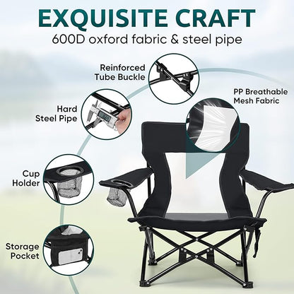 HaSteeL Folding Beach Chair Set of 2, Foldable Black Camping Chairs for Outside, Low Beach Chair Portable for Adults Fishing, Picnic, Outdoor BBQ, Travel, Sports, Cup Holder & Storage Bag