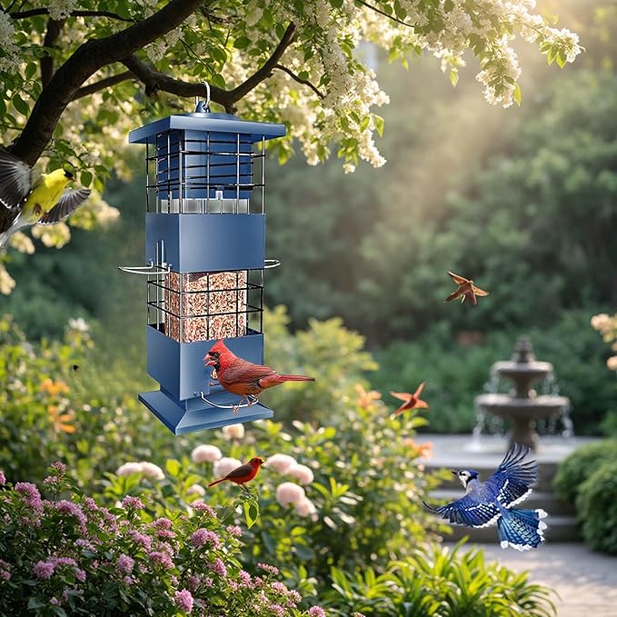 Bird Feeder Squirrel Proof, Metal Anti-Squirrel for Outdoors Hanging, 3LBS Wild Birdseed Feeders for Cardinal Blue Jay Outside (Blue)