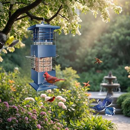 Bird Feeder Squirrel Proof, Metal Anti-Squirrel for Outdoors Hanging, 3LBS Wild Birdseed Feeders for Cardinal Blue Jay Outside (Blue)