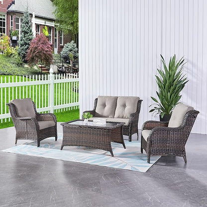 HUMMUH 4 Piece Patio Conversation Furniture Set PE Wicker Rattan Outdoor Loveseat Sofa,Patio Chairs,Coffee Table for Garden,Poolside,Backyard,Deck